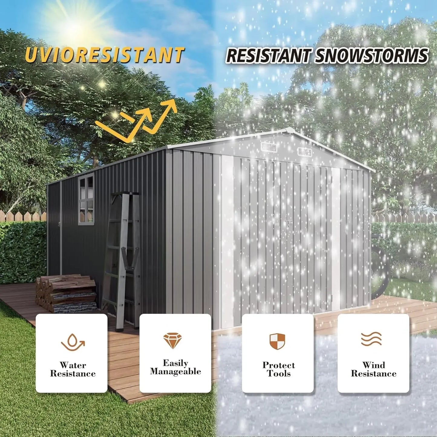 10x14x6.7FT Outdoor Storage Shed, Galvanized Steel Garden Shed with Lockable Door & Window, Waterproof Metal Tool S