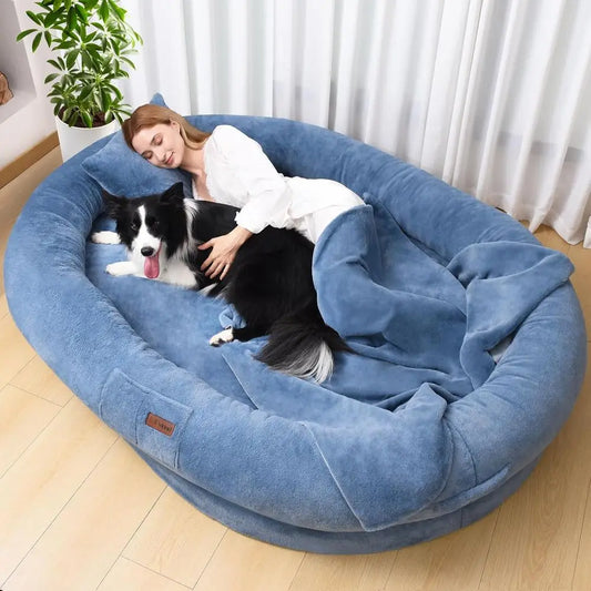 Human Dog Bed or Adults, 71"x51"x12" Washable Orthopedic Size, aux ur Removable, Cozy Large Present with Blanket and Pillow, Gra