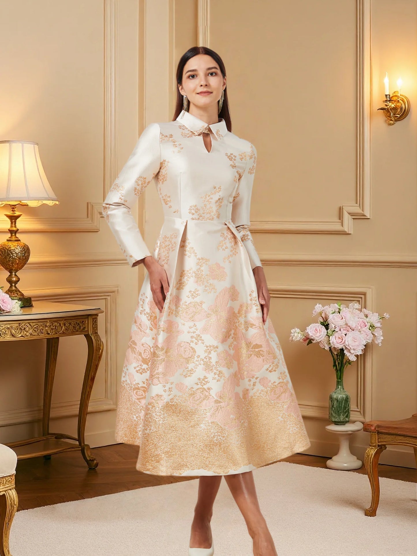 Champagne Pink Gradient Jacquard Dress with Mandarin Collar Lace-Up Waist Flared Hem — Light Luxury Banquet Gown