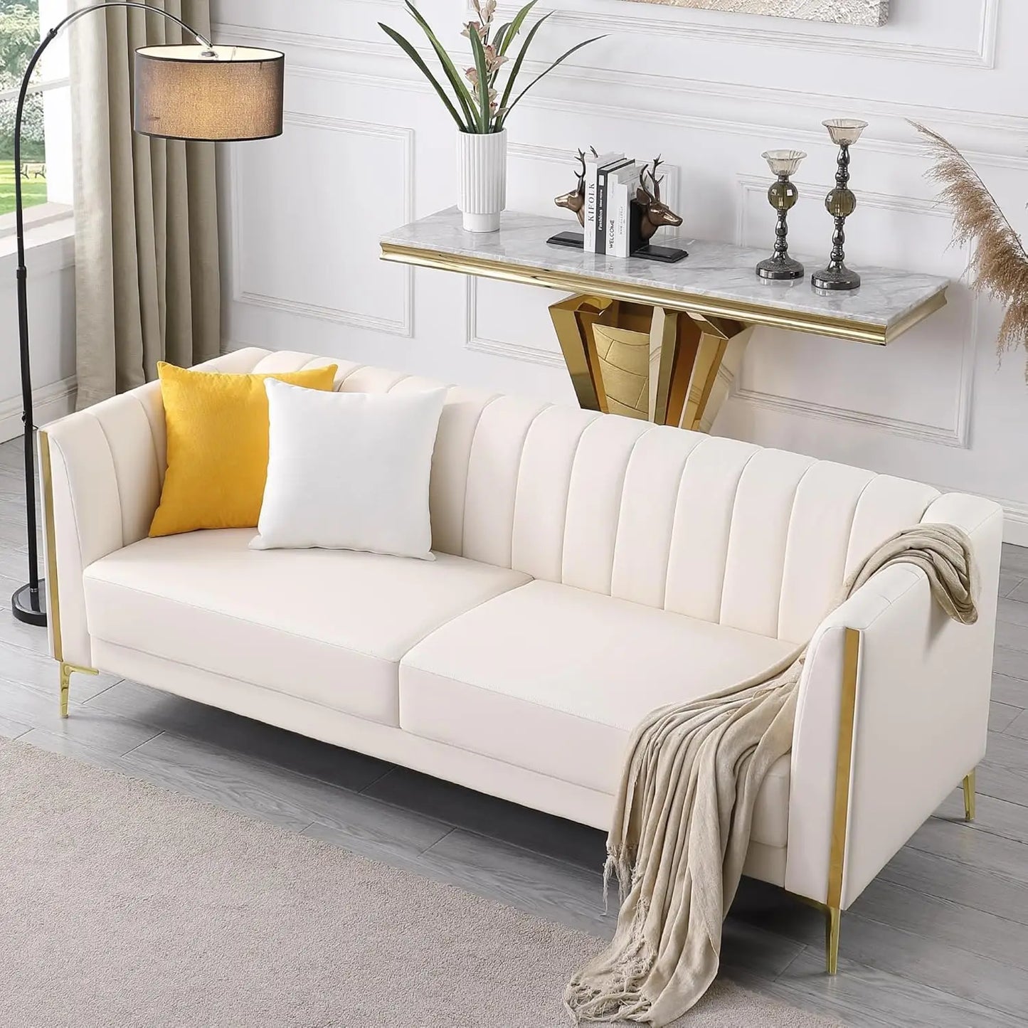 78'' Couch Sofa, Modern White Couches for Living Room with 2 Throw Pillows, Comfy Faux Leather Sofa 3 Seater with Gold Metal Leg