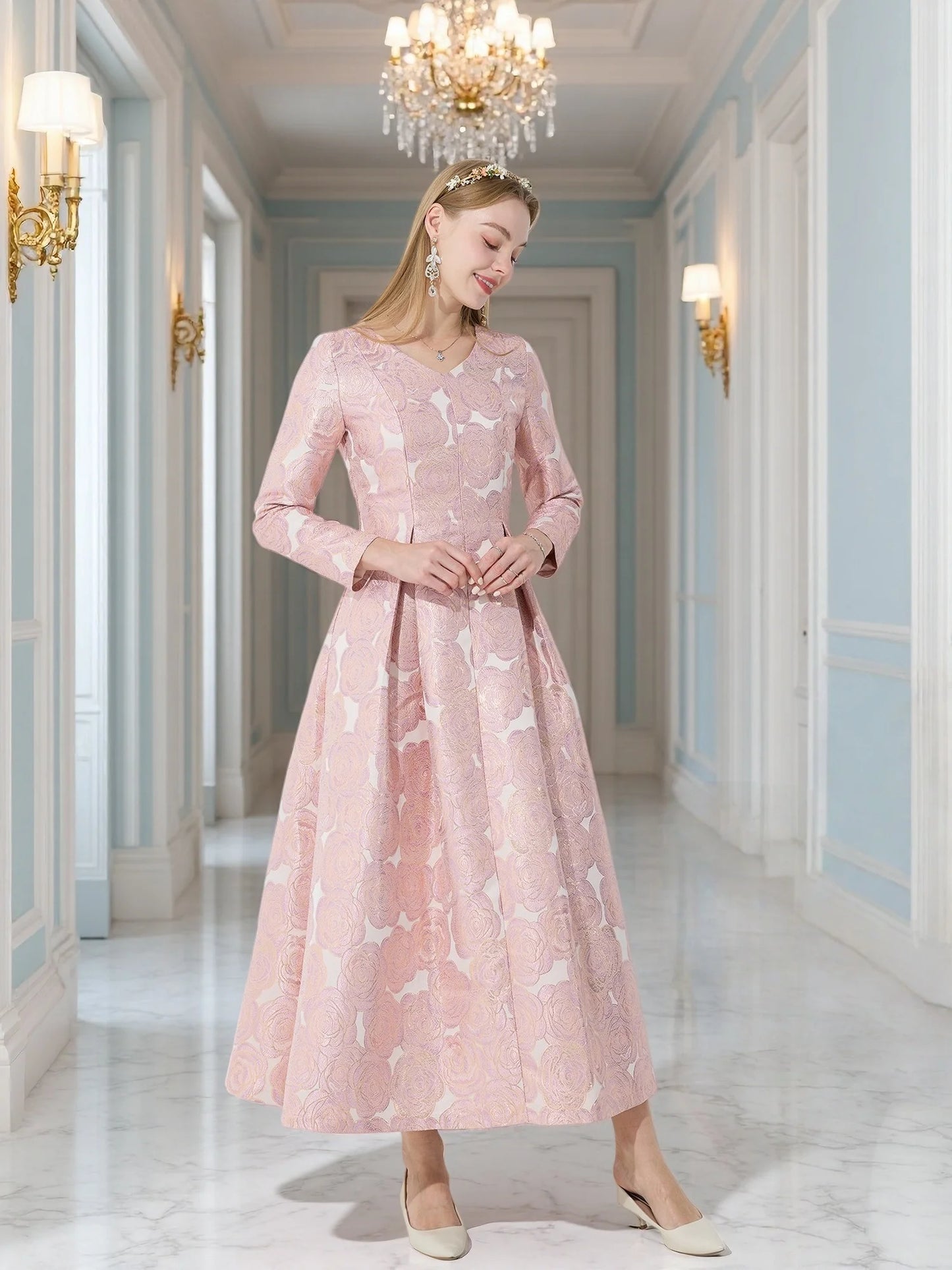French Elegant V-Neck Long-Sleeve Dress Jacquard Rose Waist-Defined Flared Long Dress Light Luxury Stylish Commute Date Teadress