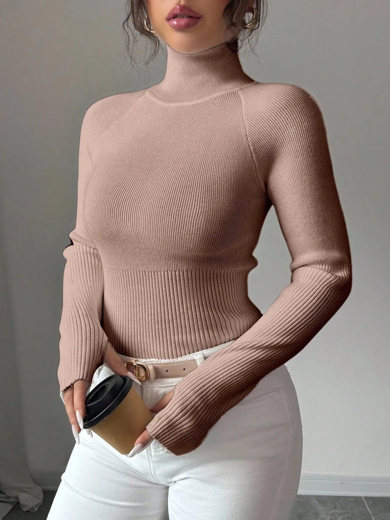 White Ribbed Turtleneck Knit Top for Women - Slim Fit Long Sleeve Sweater for Fall Winter Daily Wear