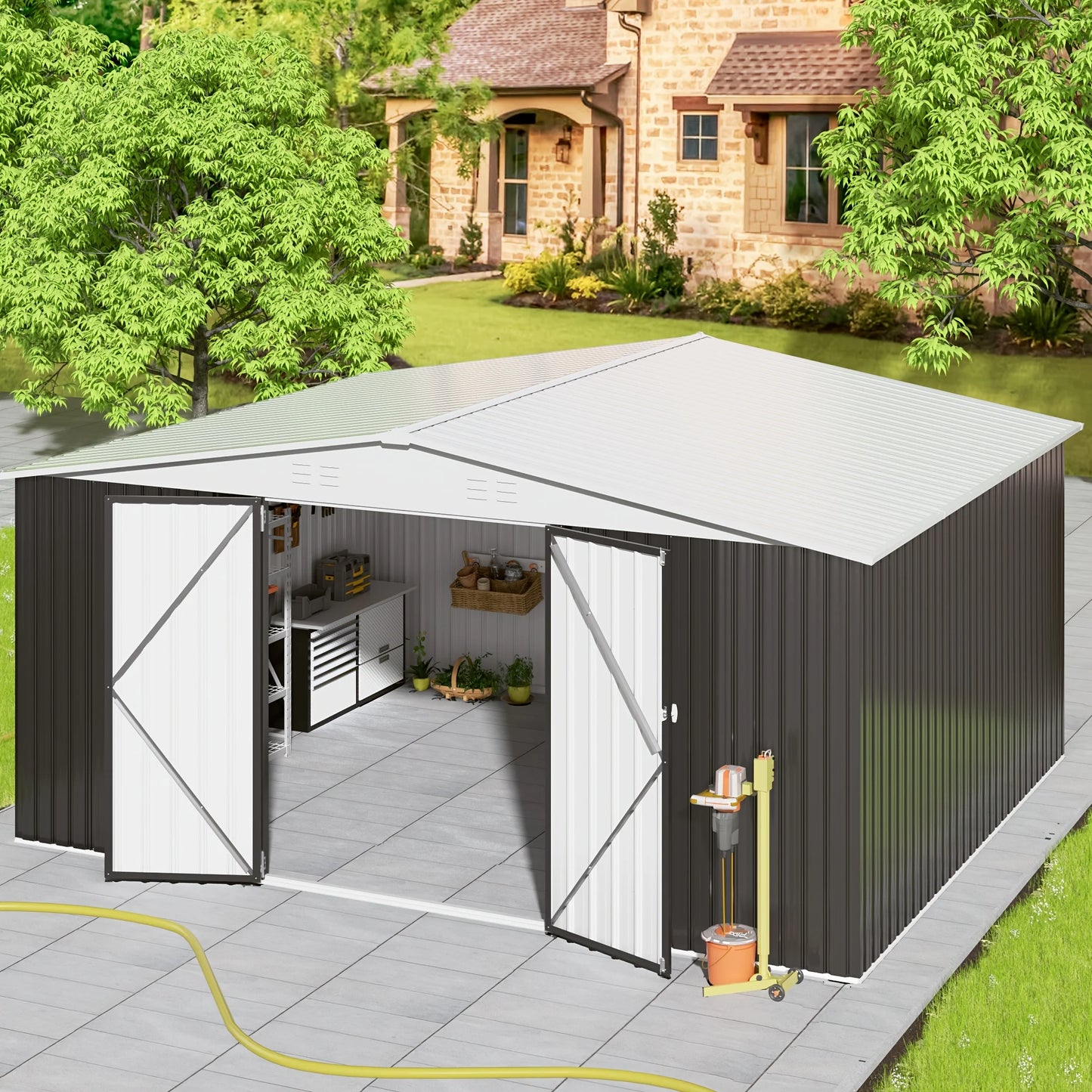 10x12/12x14FT Galvanized Steel Storage Shed Heavy Duty Lockable Hasp Door Black/White Roof Garden Tool Shed for Backyard Patio
