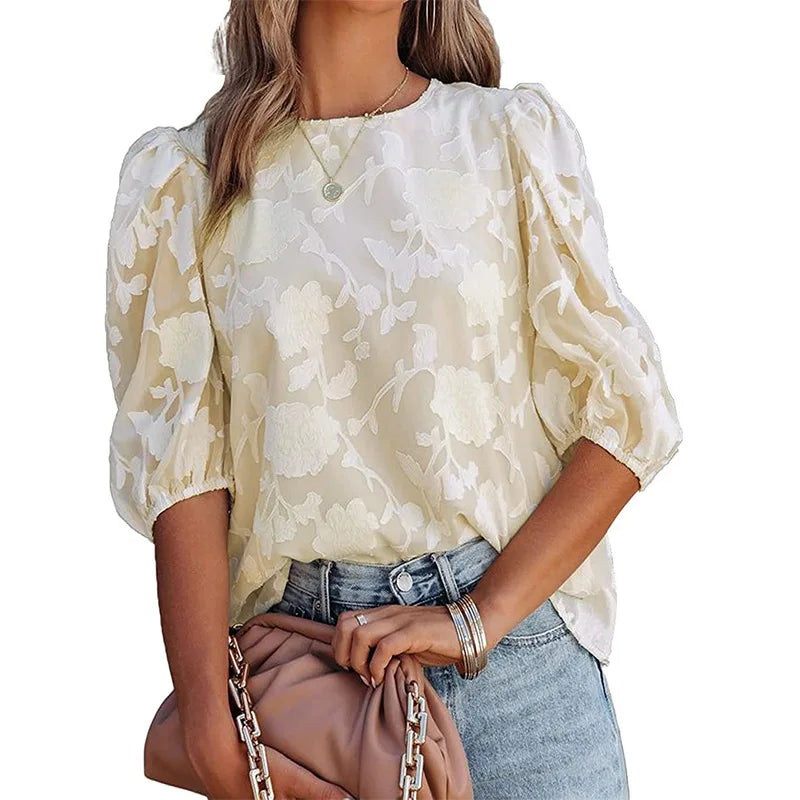 Women Puff Sleeve Chiffon Blouse Floral Lace Trim Loose Fit Tops Elegant Casual Shirt for Women Spring Summer Boho Chic Tunic Te
