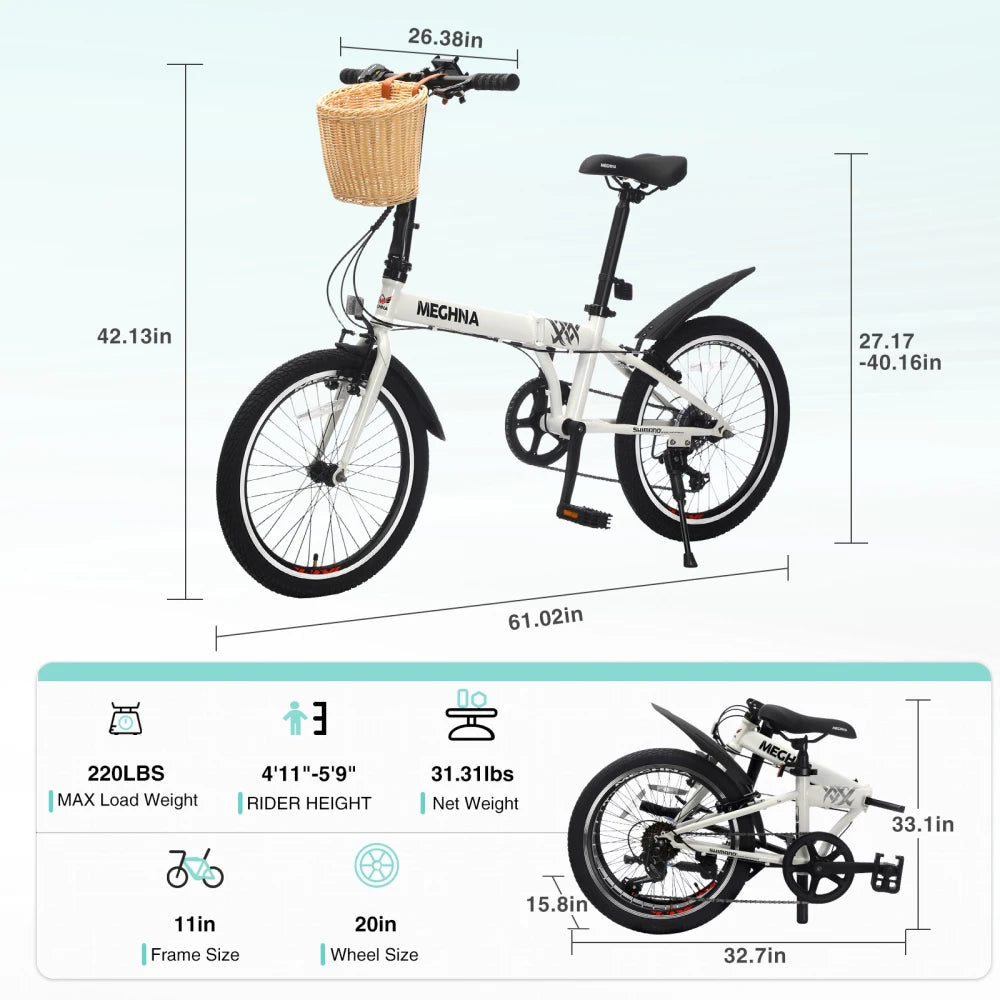 20 Inch Folding Bike for Adults with Basket, Phone Holder & Fenders, 6-Speed Steel Frame City Commuter, Dual V-Brake Portable Compact Bicycle for Men & Women
