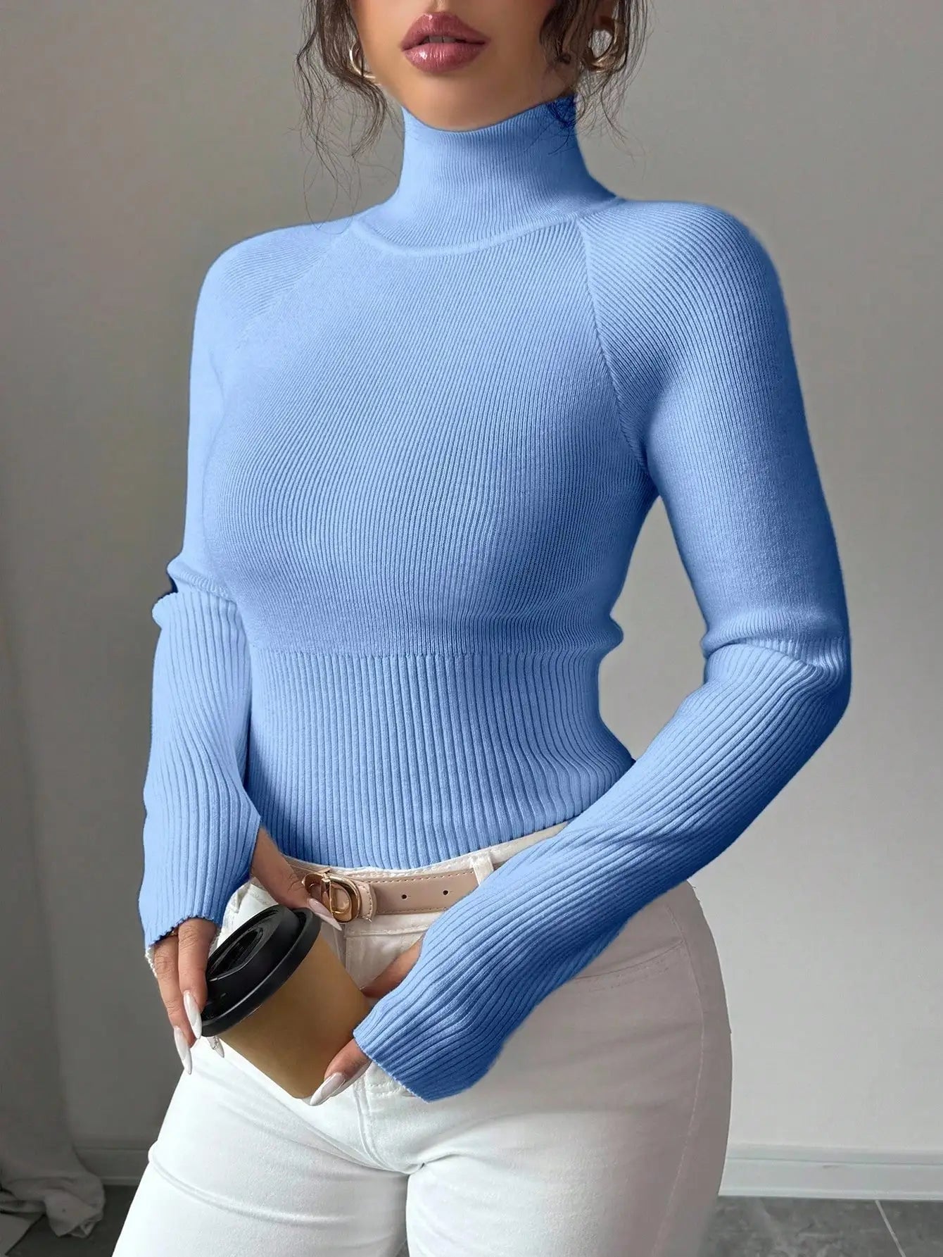 White Ribbed Turtleneck Knit Top for Women - Slim Fit Long Sleeve Sweater for Fall Winter Daily Wear