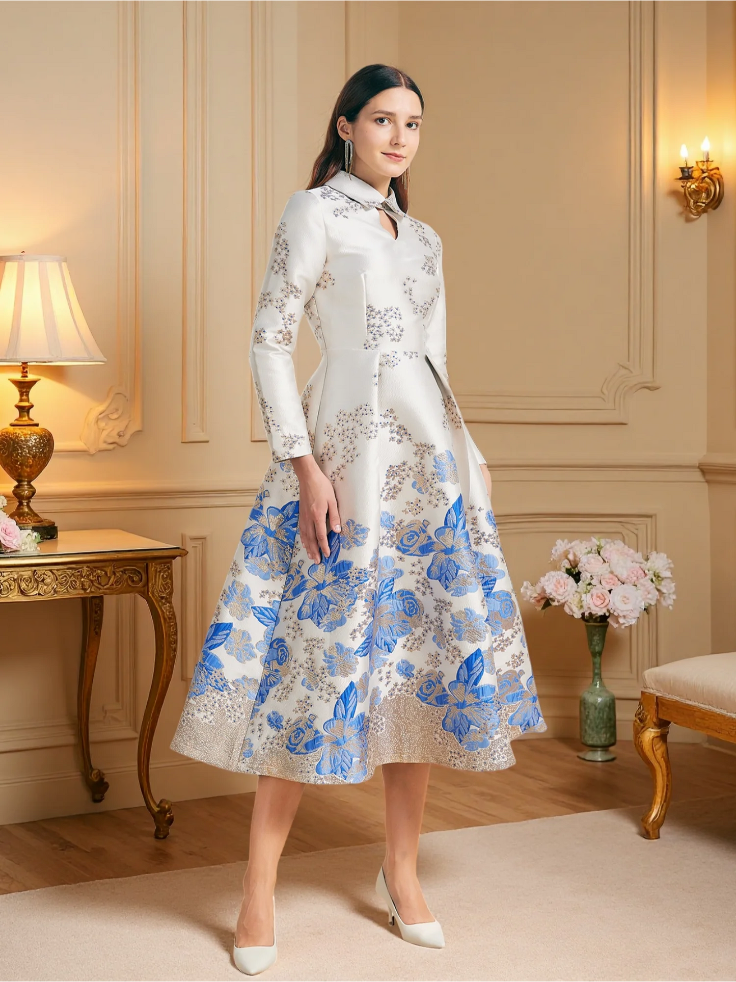 Champagne Pink Gradient Jacquard Dress with Mandarin Collar Lace-Up Waist Flared Hem — Light Luxury Banquet Gown