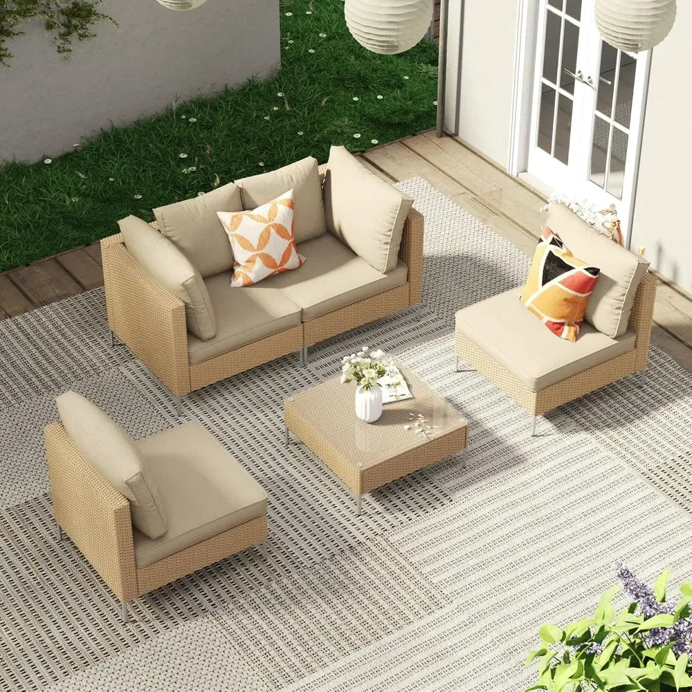 5 Pieces Wicker Patio Furniture Set, Outdoor Conversation Set Sectional Sofas with Cushions and Glass-top Tea Table