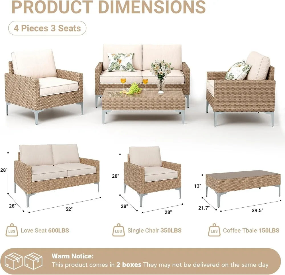 4-Piece Outdoor Sectional Sofa Set, All-Weather Wicker Patio Furniture with L/R Armrest & Glass Table, Beige