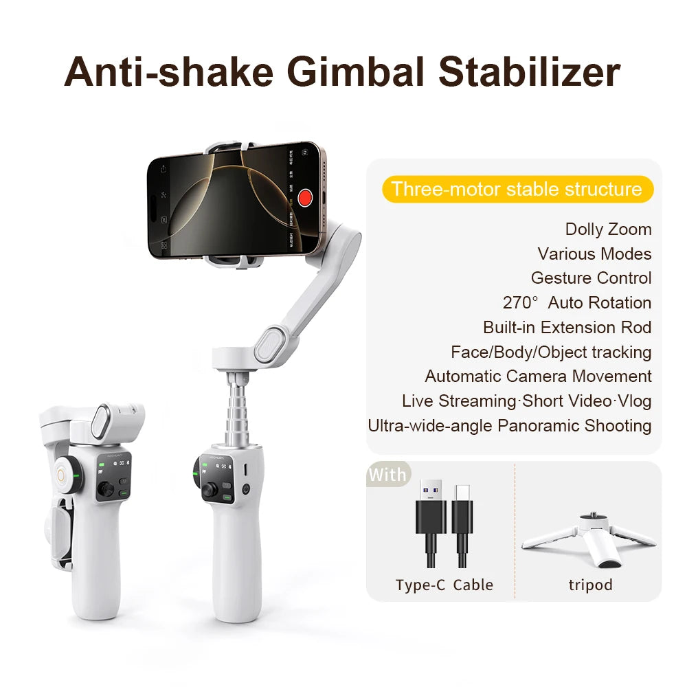 AOCHUAN Smart V8 3-Axis Handheld Gimbal Phone Stabilizer with Extension Rod Tripod Face Tracking for iPhone Android Tiktok Vlog