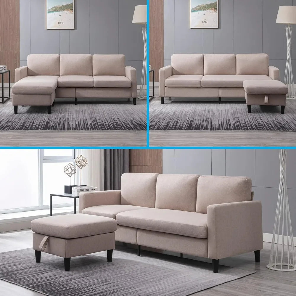 78" Convertible Sectional Sofa Couch for Living Room, L-Shaped Couch with Storage Ottoman, 3-Seat Sofas with Reversible Chaise
