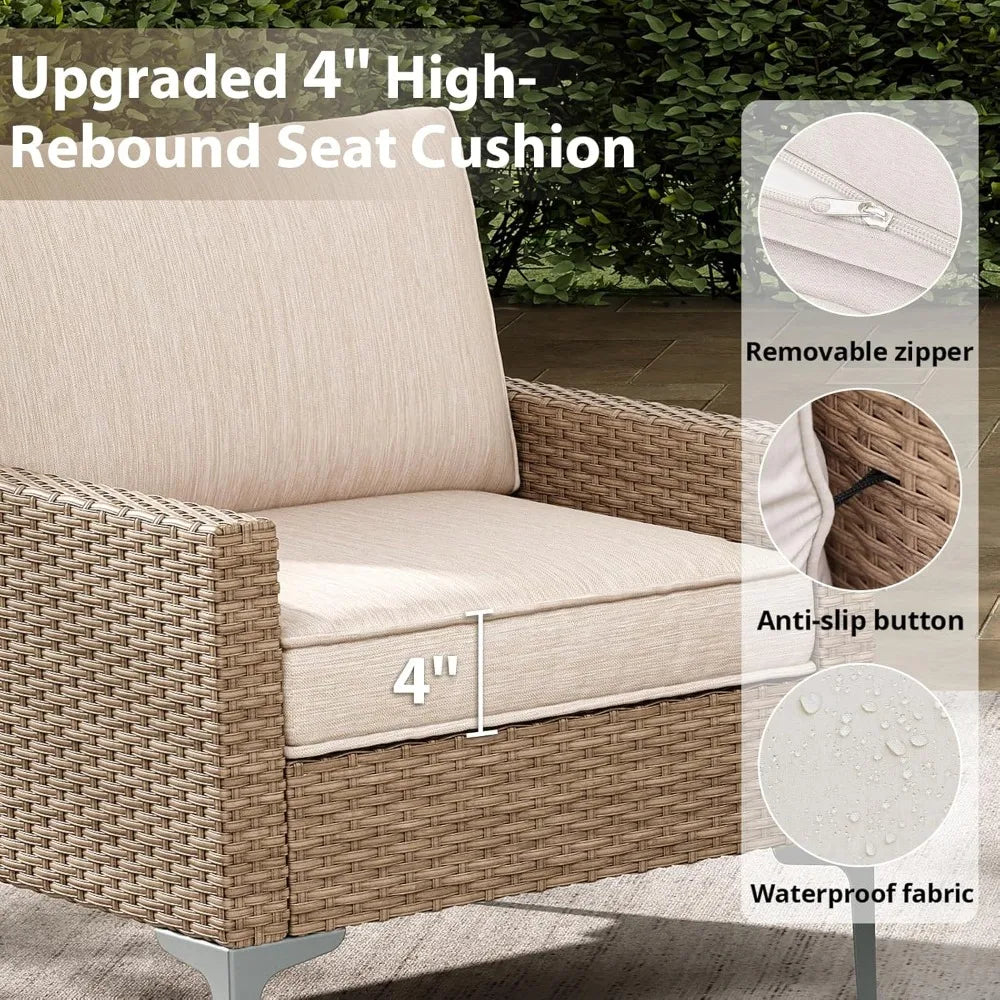 4-Piece Outdoor Sectional Sofa Set, All-Weather Wicker Patio Furniture with L/R Armrest & Glass Table, Beige