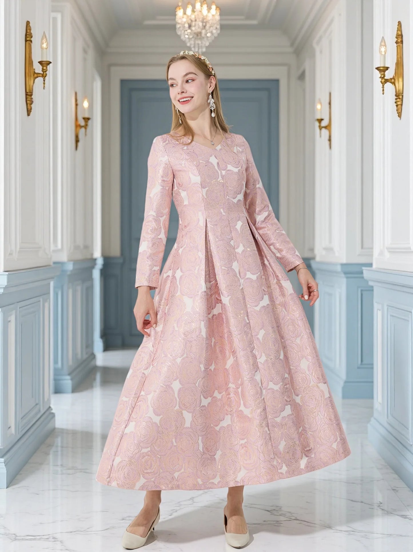 French Elegant V-Neck Long-Sleeve Dress Jacquard Rose Waist-Defined Flared Long Dress Light Luxury Stylish Commute Date Teadress
