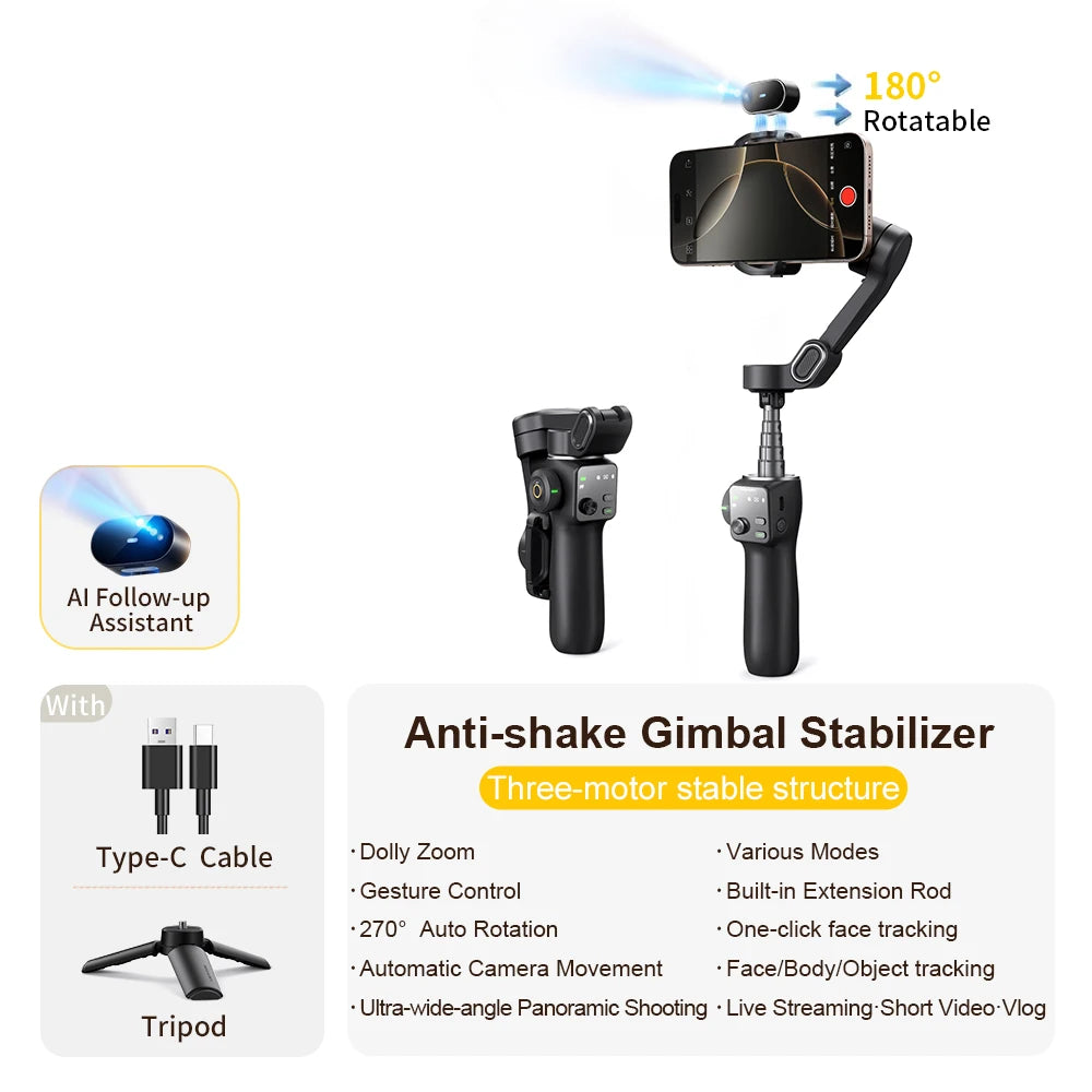 AOCHUAN Smart V8 3-Axis Handheld Gimbal Phone Stabilizer with Extension Rod Tripod Face Tracking for iPhone Android Tiktok Vlog