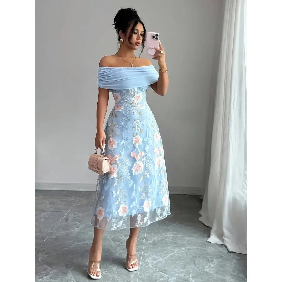 Direction 7963 Blue Floral Embroidery Patchwork Solid Off-Shoulder Neckline Elegant Party Women'S Dress Bridesmaid Gown Evening