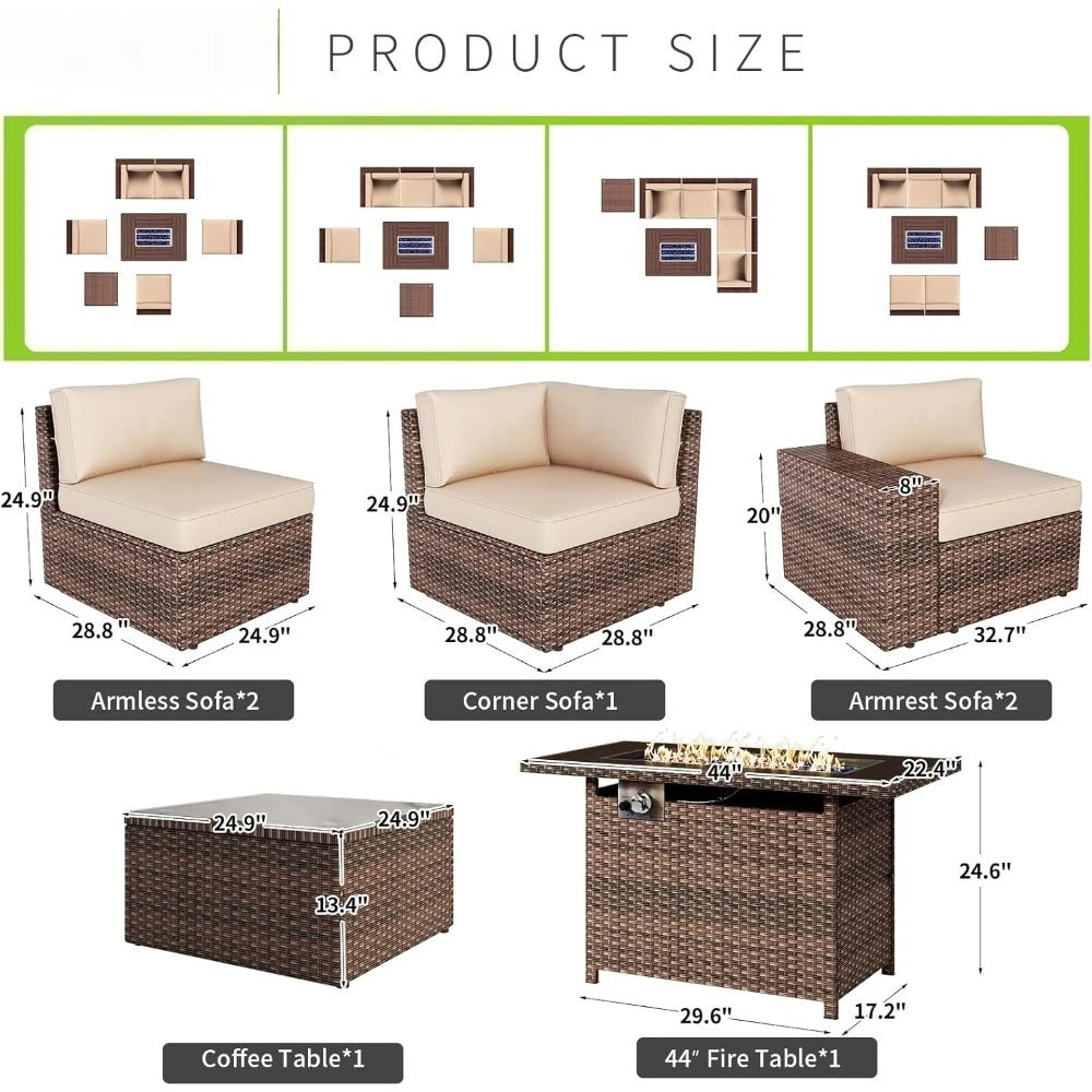 7 Piece Patio Furniture Set with 44 Inch Fire Pit Table Outdoor Wicker Parlor Set with Thick Cushions