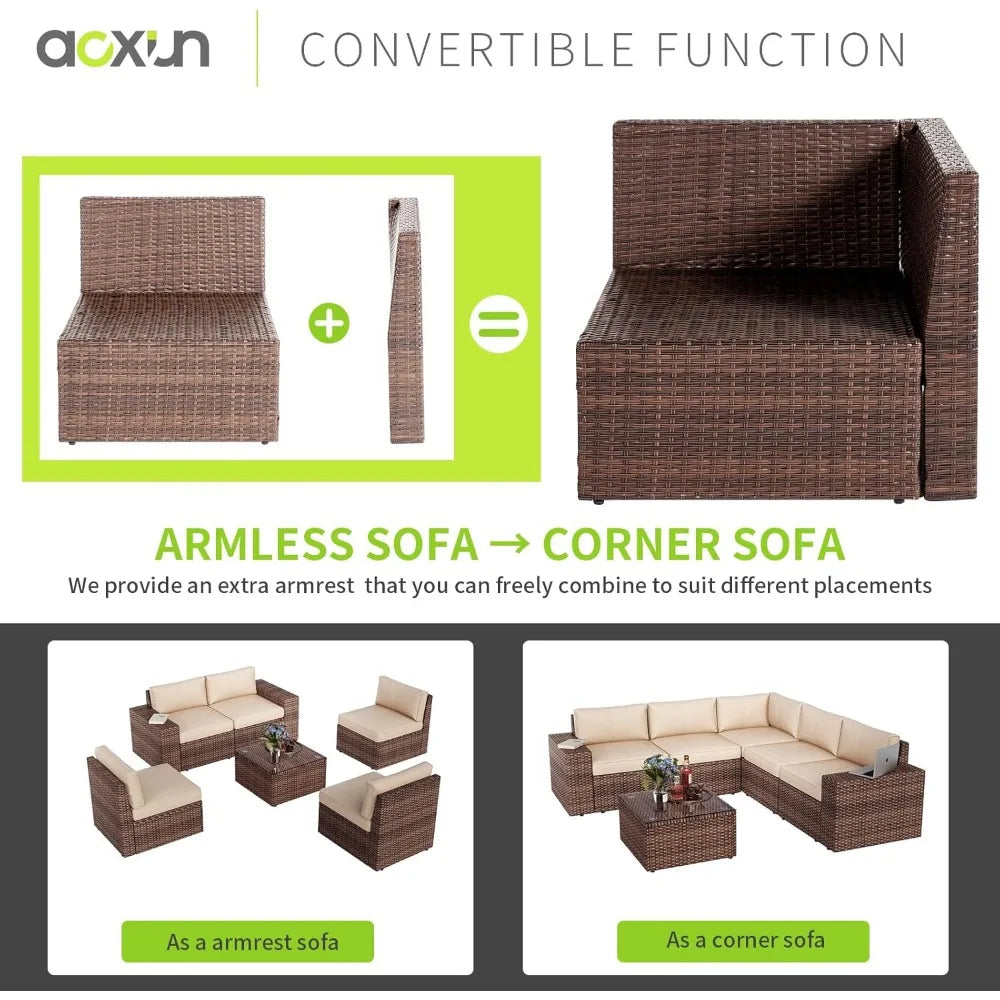 7 Piece Patio Furniture Set with 44 Inch Fire Pit Table Outdoor Wicker Parlor Set with Thick Cushions