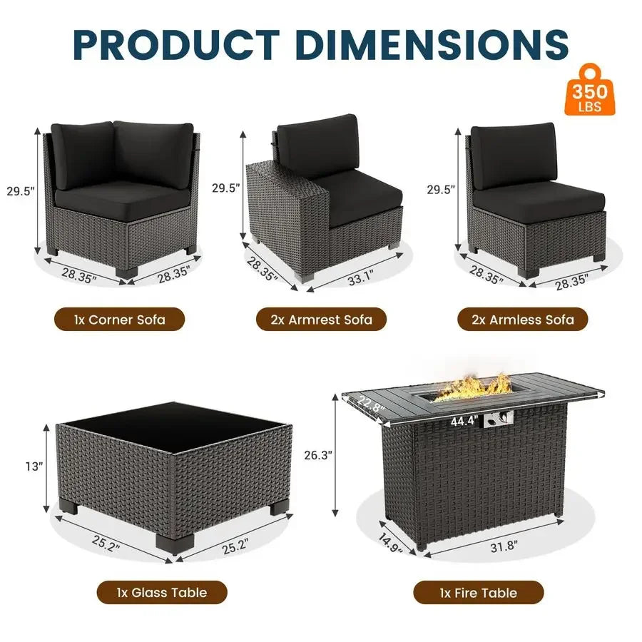 Piece Patio Furniture Set with Fire Pit Table, Outdoor Sectional Conversation Sets Black Wicker Rattan Sofa with Coffee Table f