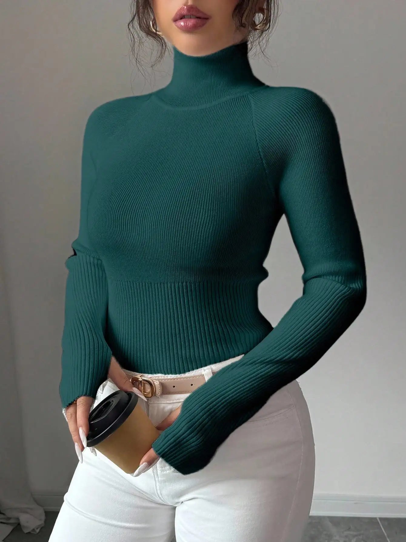 White Ribbed Turtleneck Knit Top for Women - Slim Fit Long Sleeve Sweater for Fall Winter Daily Wear