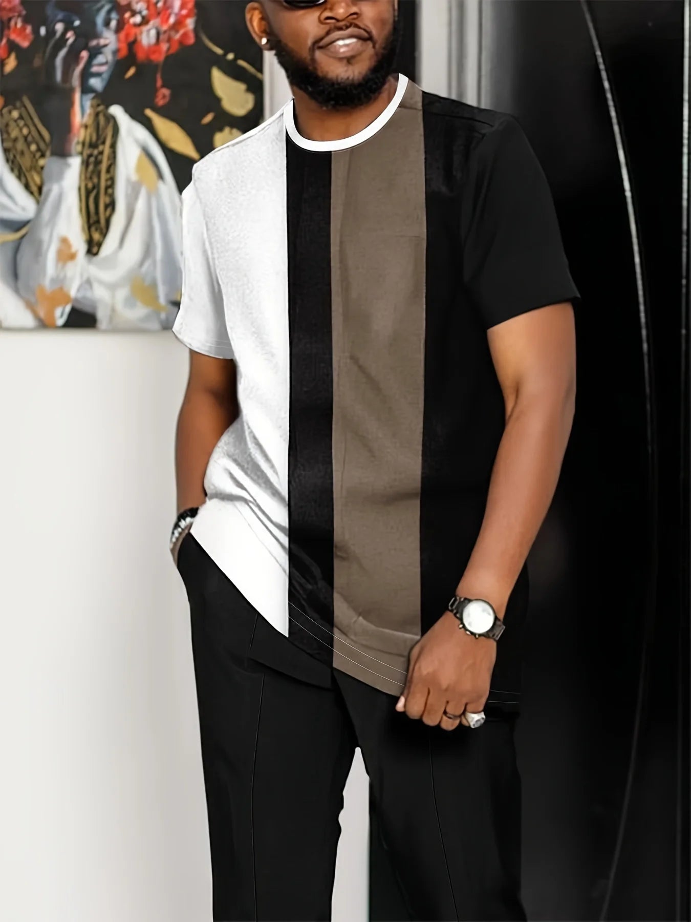 The new men's set for Spring and Autumn 2025 features a casual fashionable comfortable and soft 3D striped pattern print