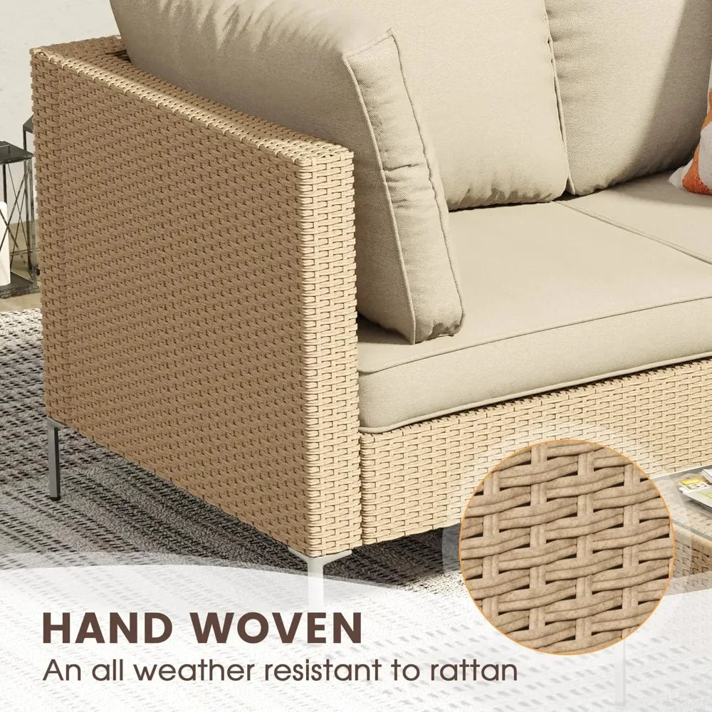 5 Pieces Wicker Patio Furniture Set, Outdoor Conversation Set Sectional Sofas with Cushions and Glass-top Tea Table