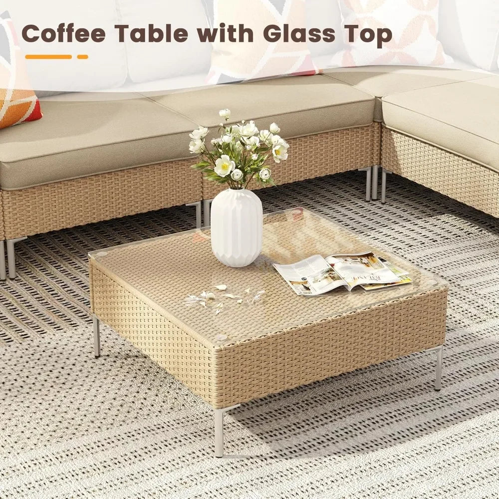 5 Pieces Wicker Patio Furniture Set, Outdoor Conversation Set Sectional Sofas with Cushions and Glass-top Tea Table