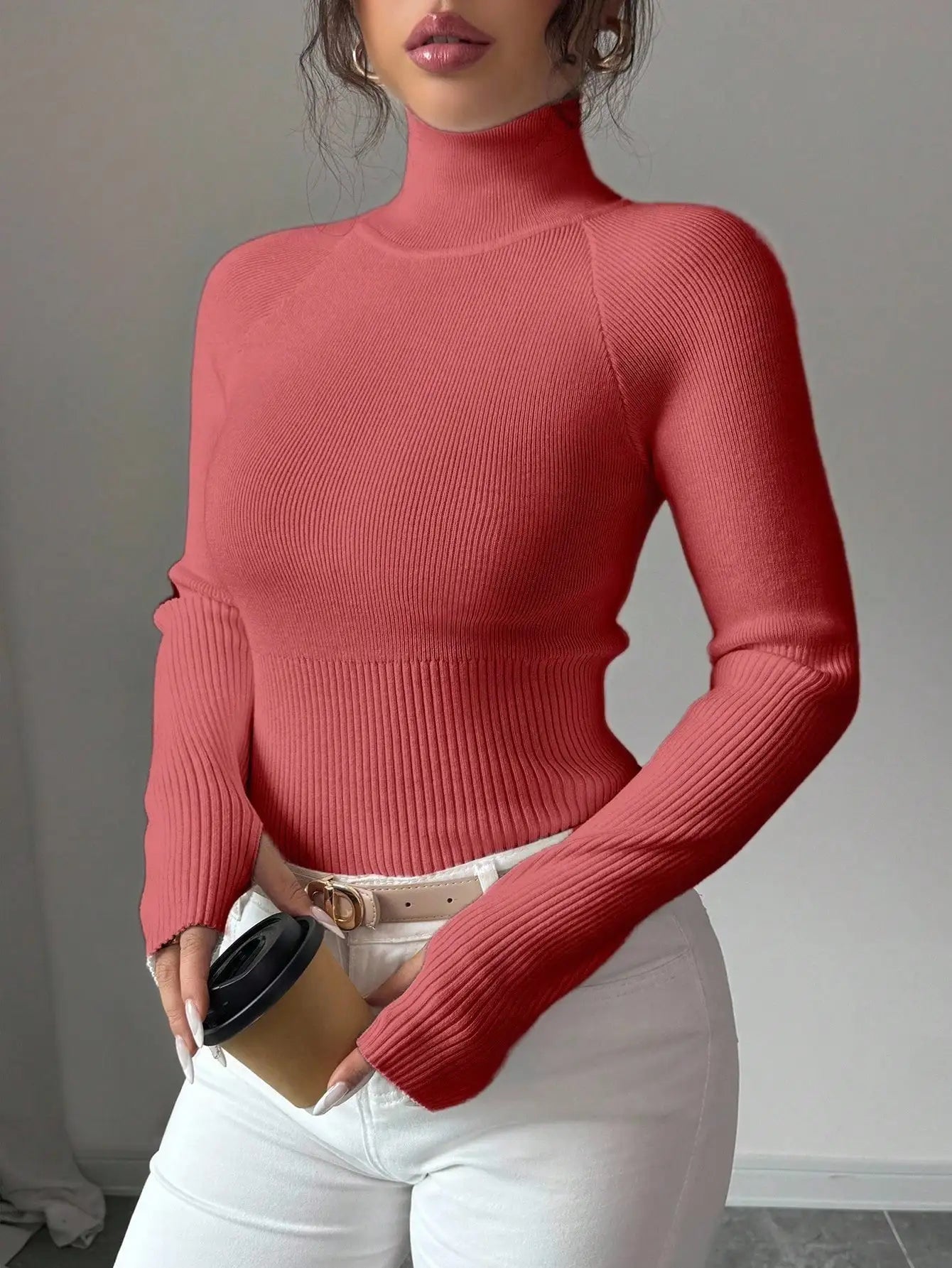 White Ribbed Turtleneck Knit Top for Women - Slim Fit Long Sleeve Sweater for Fall Winter Daily Wear