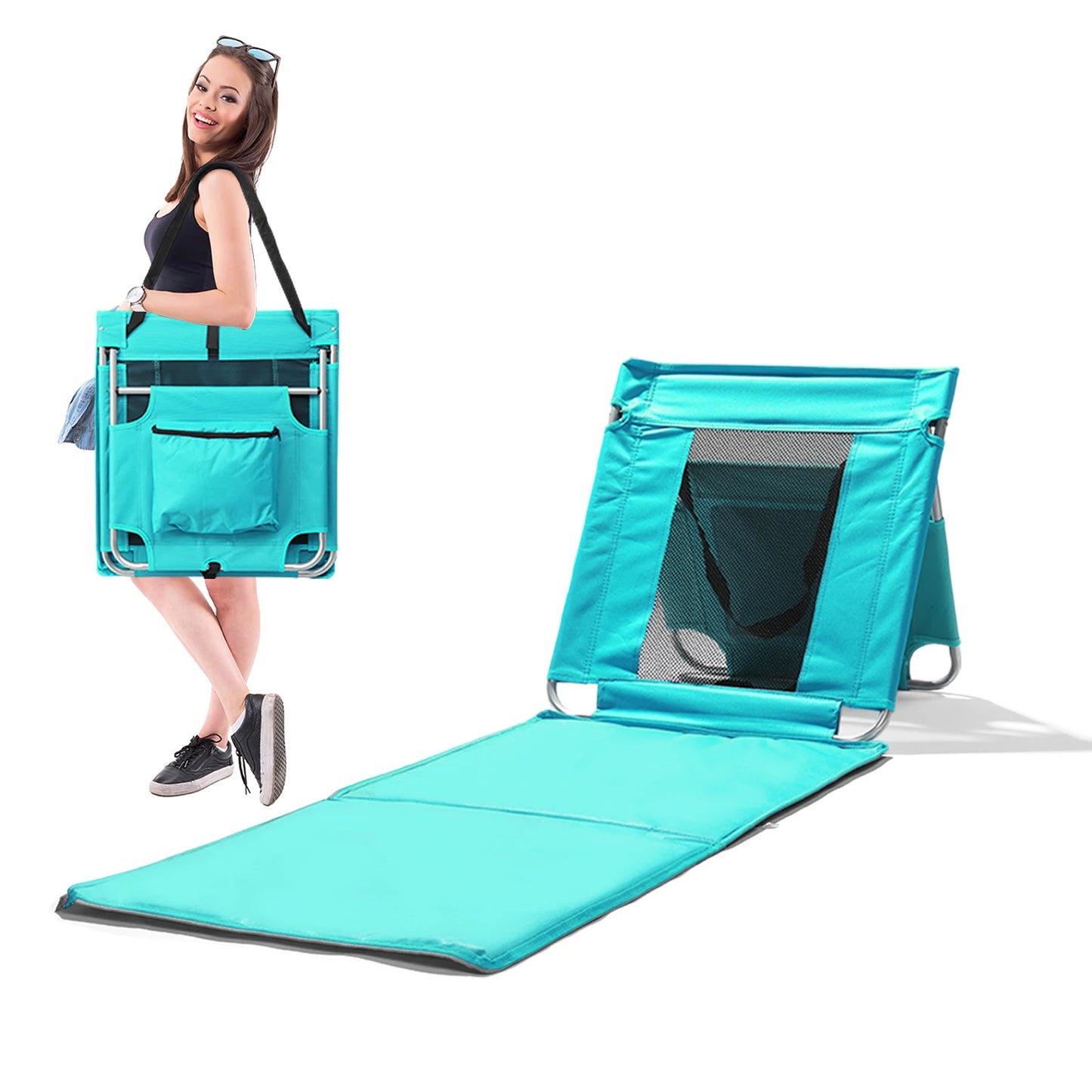 Foldable Beach Lounger Lightweight Beach Mat Lounge Chair with Breathable Mesh Back Cooler Pocket for Tanning Relaxing