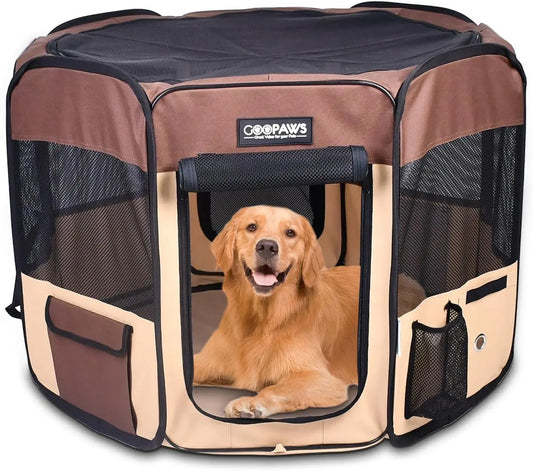 61" Pet Dog Playpens, Portable Soft Dog Exercise Pen Kennel with Carry Bag for Puppy Cats Kittens Rabbits, Brown