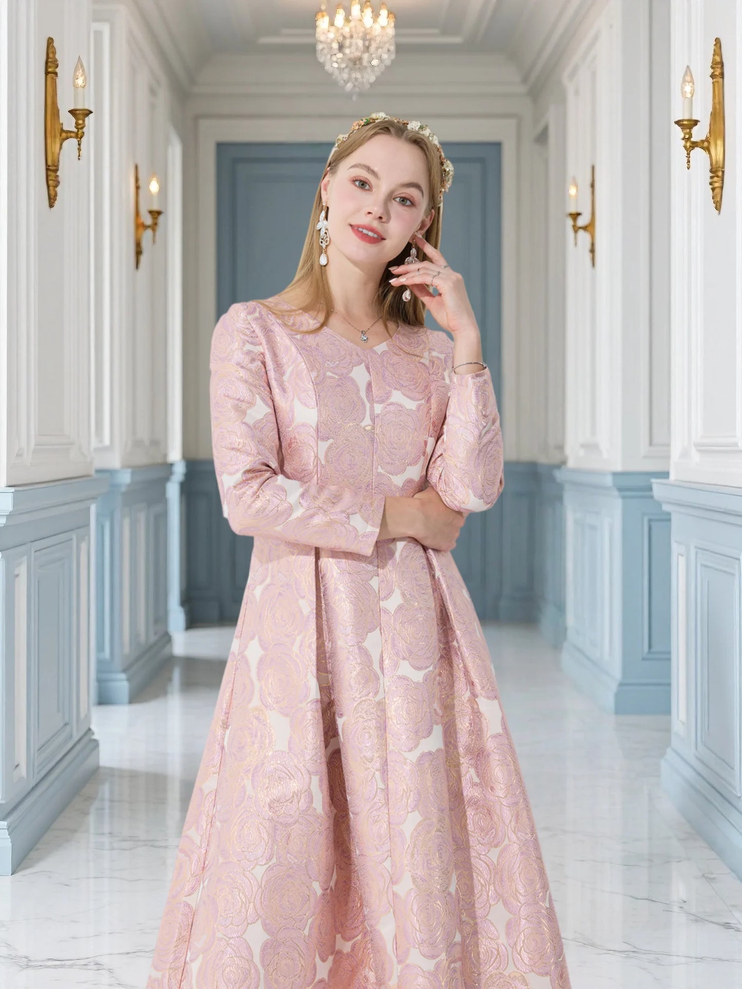 French Elegant V-Neck Long-Sleeve Dress Jacquard Rose Waist-Defined Flared Long Dress Light Luxury Stylish Commute Date Teadress