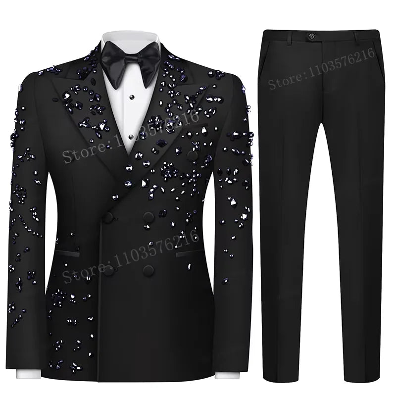 Customized Slim Fit Mens 2 Piece Double Breasted Suit Luxury High Quality Diamond Ornament Tuxedos For Business Wedding Groom