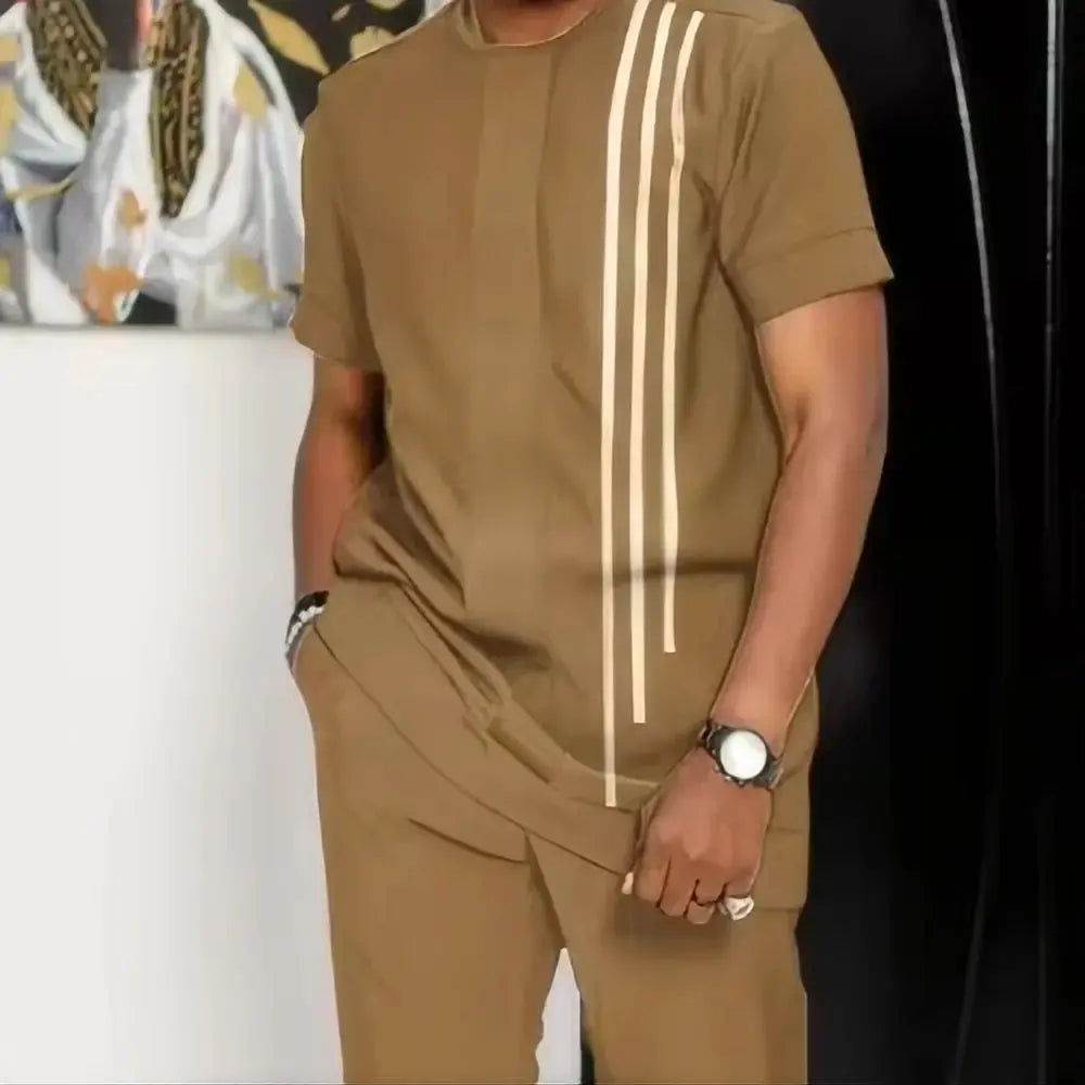 The new men's set for Spring and Autumn 2025 features a casual fashionable comfortable and soft 3D striped pattern print