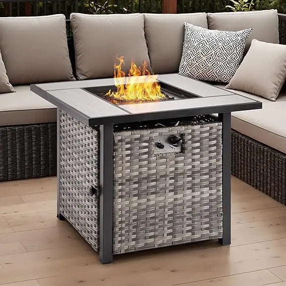 30 Inch Outdoor Patio Fire Pit Table, 50,000 BTU Heater PE Rattan Propane Firepits with Ceramic Tabletop, Waterproof Cover