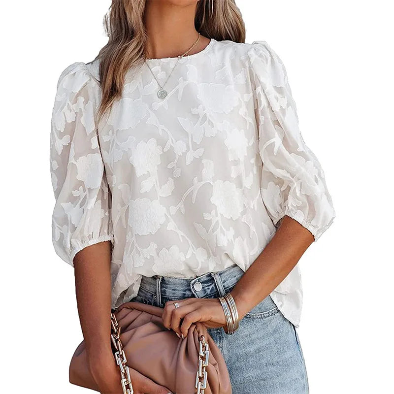 Women Puff Sleeve Chiffon Blouse Floral Lace Trim Loose Fit Tops Elegant Casual Shirt for Women Spring Summer Boho Chic Tunic Te
