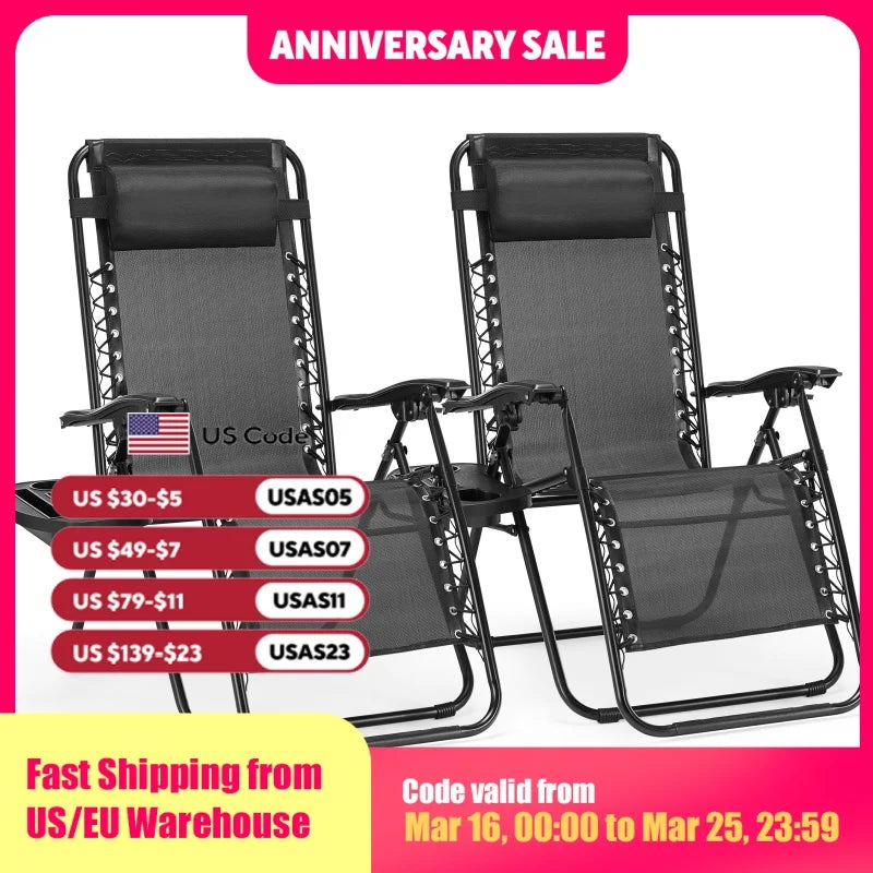 JHK Zero Gravity Set of 2 Portable Recliner Camping Patio Outdoor Garden Lounge Chair with Cup Holder Trays Adjustable Pillow