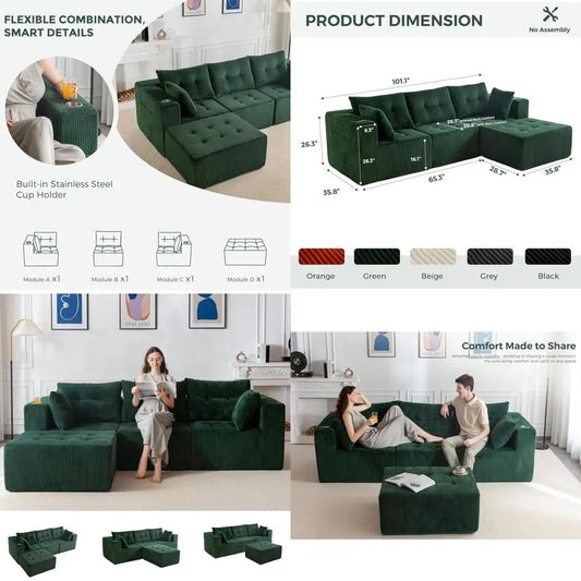 Modular Sectional Sofa Couch, L Shaped Modern Cloud Couch with 1 Ottoman, Sofa in A Box, Tufted 4-Seat Boneless Sleeper Chair fo