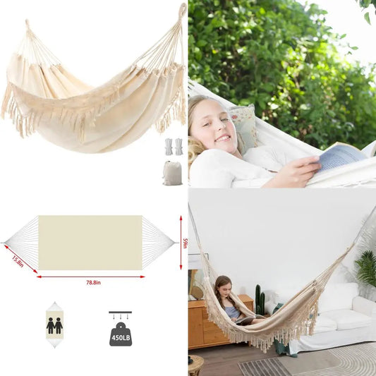 Double Boho Macrame Hammock with Elegant Tassels for Patio, Yard, Beach Wedding Decor, Outdoor and Indoor Up to 450lbs Include T
