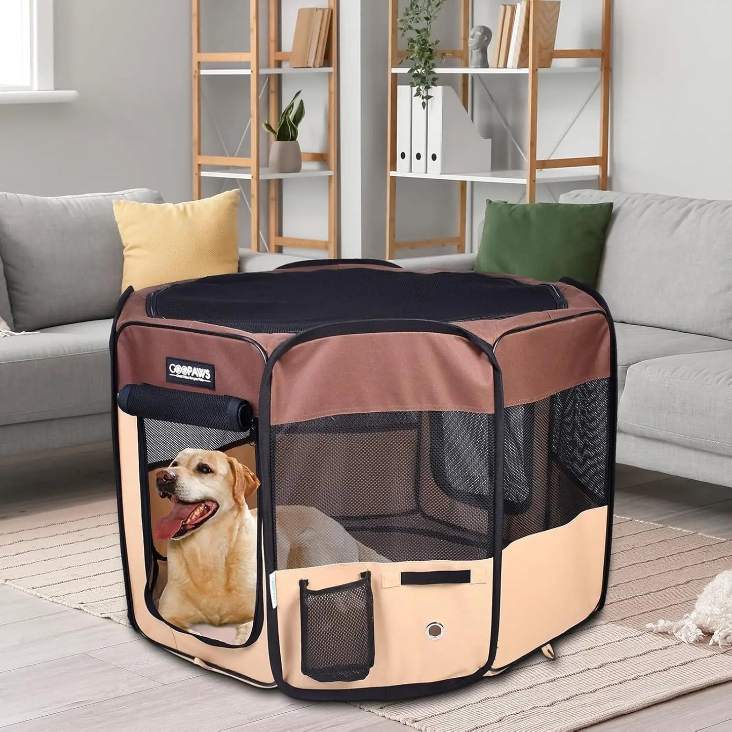 61" Pet Dog Playpens, Portable Soft Dog Exercise Pen Kennel with Carry Bag for Puppy Cats Kittens Rabbits, Brown