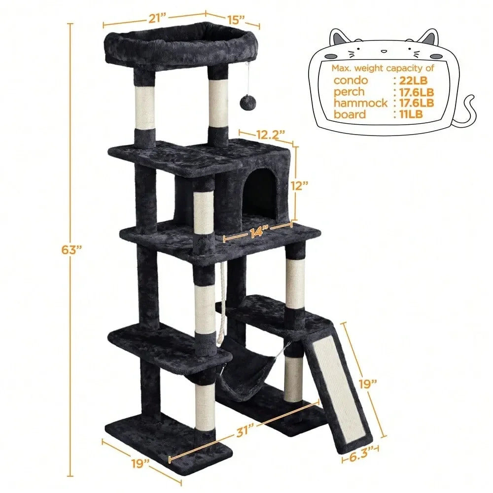 Cat Tree Rascadores Para Gatos Cat Supplies 63in Height Plush Cat Tree With SisalCovered Posts, Stylish Cat Tower With Hammock S