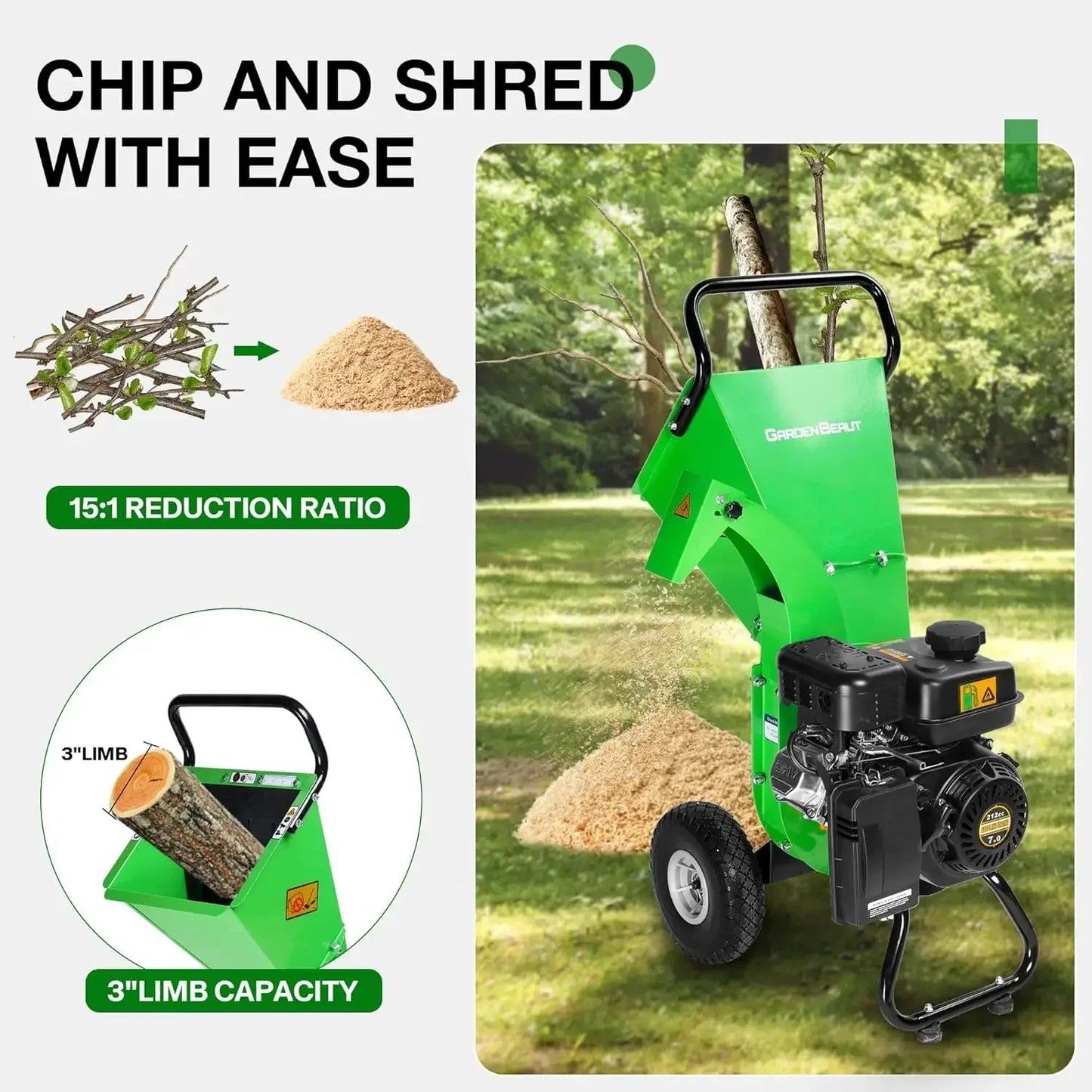 Wood Chipper Shredder, 7HP 212cc Gas Powered Heavy Duty, 3" Max Wood Diameter Capacity. wood chipper  Petrol / Gas