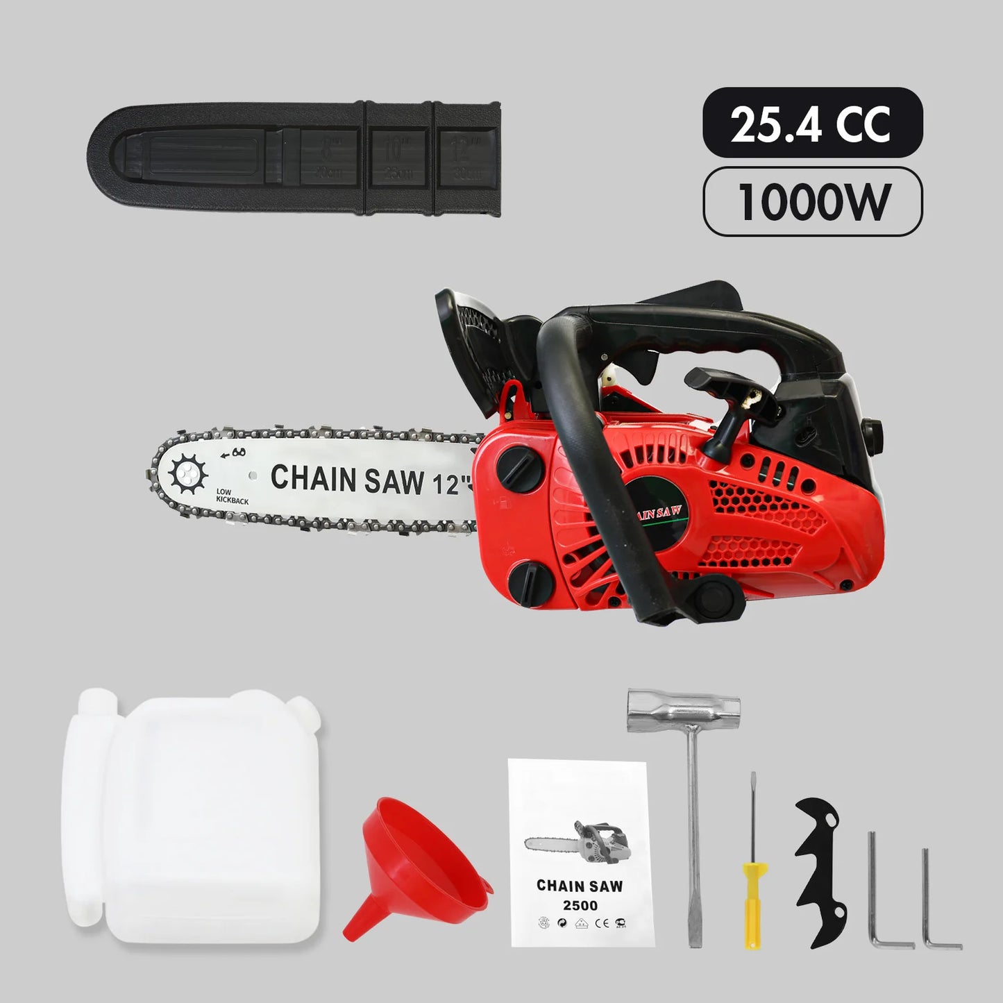 12 Inch Cordless Chainsaw Gasoline Lightweight Portable Electric 1000W 25.4 CC Woodworking for Tree Wood Branch Cutting Farm