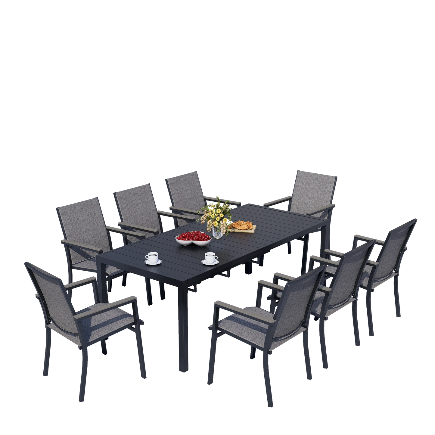 BIGGET 9PCS Patio Dining Set Extendable Metal Table & 8 Textilene Fabric Chairs for Large Gatherings Backyard Outdoor Use