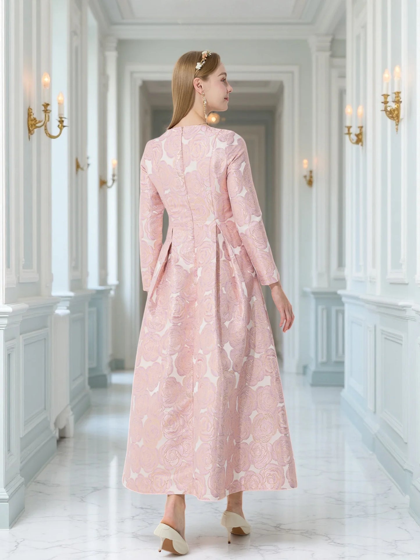 French Elegant V-Neck Long-Sleeve Dress Jacquard Rose Waist-Defined Flared Long Dress Light Luxury Stylish Commute Date Teadress