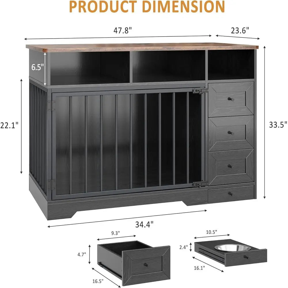 48'' Dog Crate Furniture, Farmhouse Heavy Duty Dog Kennel with Bowl & Storage Drawers, Medium Dog Cage End Table for Small Mediu