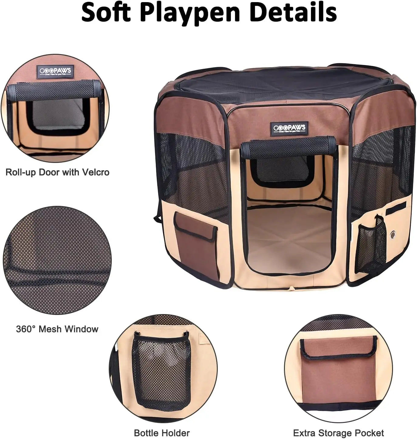 61" Pet Dog Playpens, Portable Soft Dog Exercise Pen Kennel with Carry Bag for Puppy Cats Kittens Rabbits, Brown