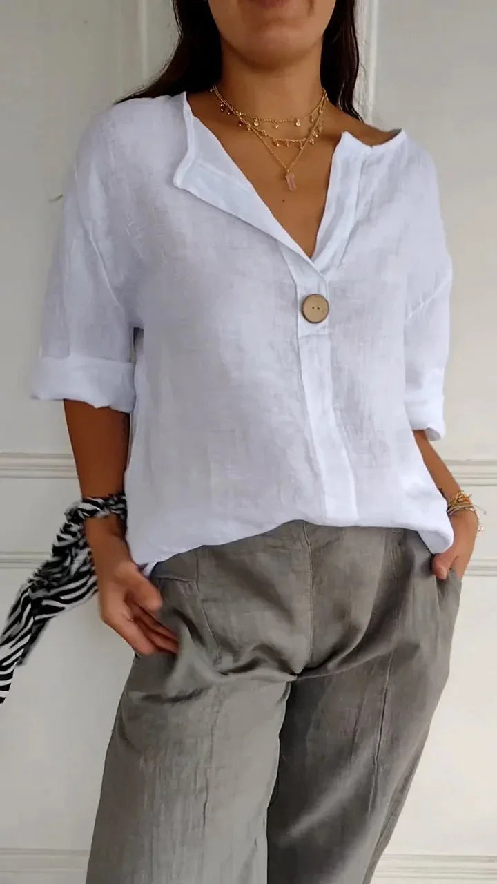 V-neck Long-sleeved T-shirt Fashion Loose Cotton And Linen Button Tops For Women