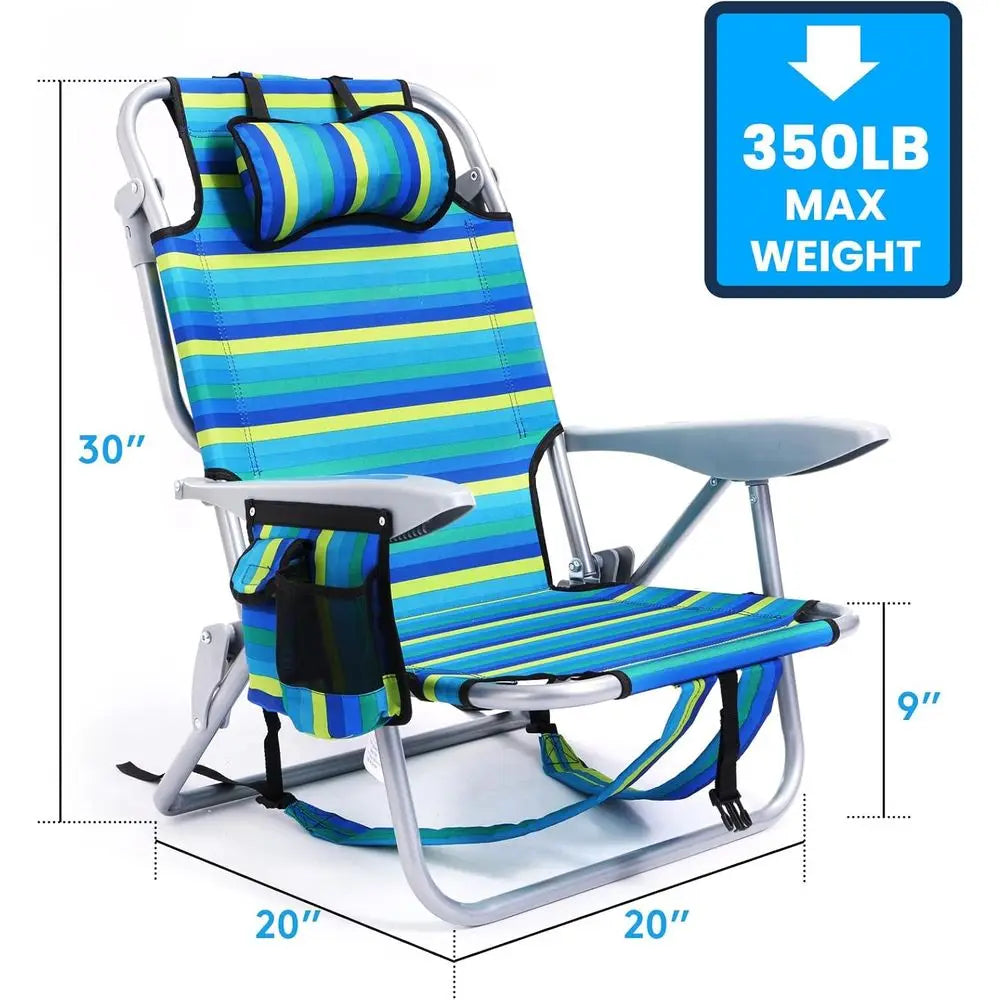 Adult Portable Beach and Camping Chair, Foldable Backpack Style with 5 Recline Positions, Headrest, and Cup Holder, Heavy Duty S