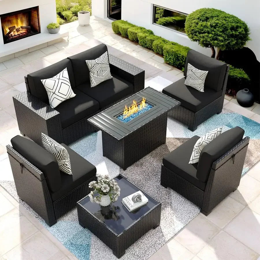 Piece Patio Furniture Set with Fire Pit Table, Outdoor Sectional Conversation Sets Black Wicker Rattan Sofa with Coffee Table f