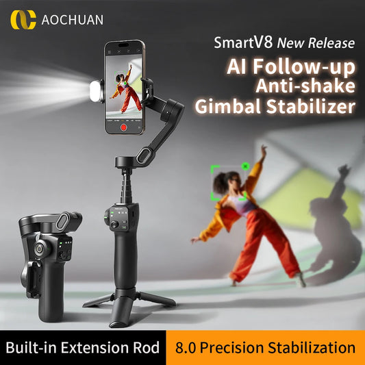 AOCHUAN Smart V8 3-Axis Handheld Gimbal Phone Stabilizer with Extension Rod Tripod Face Tracking for iPhone Android Tiktok Vlog