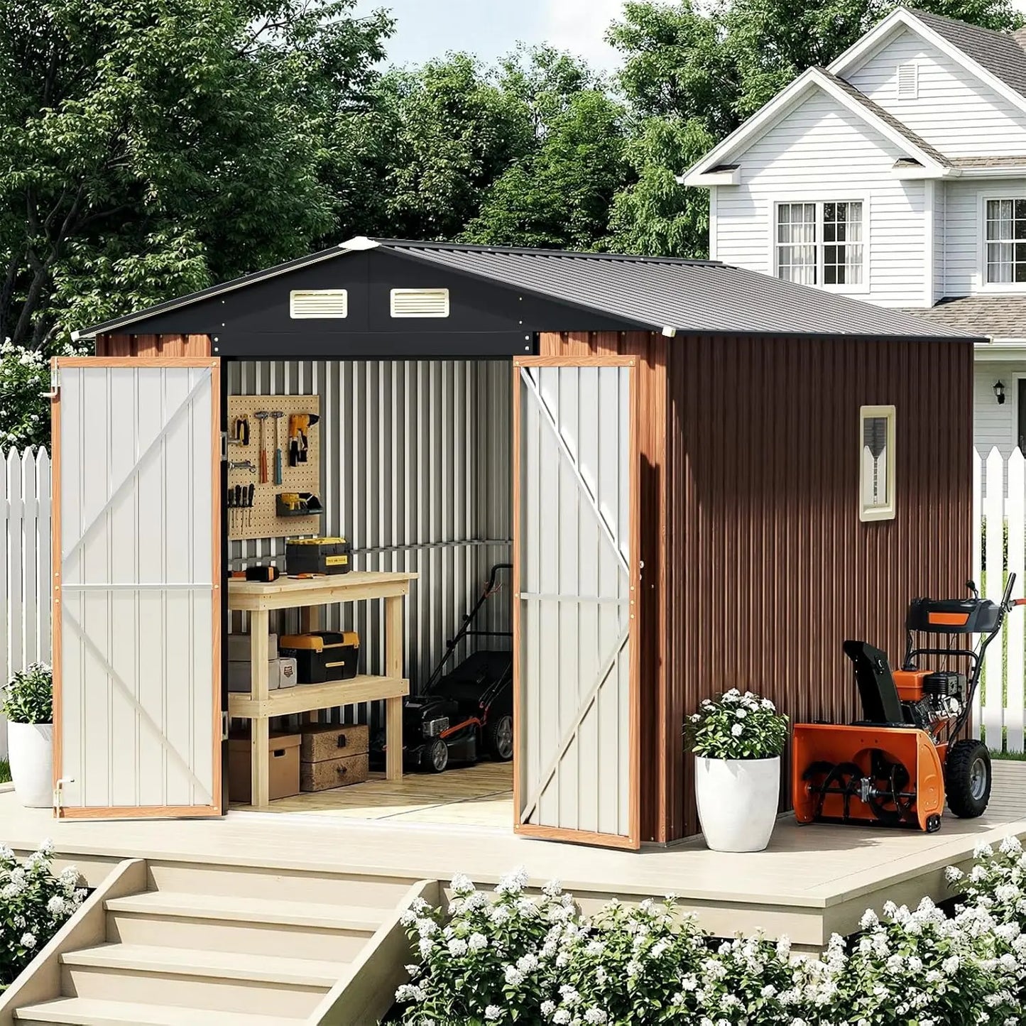 8x10 FT Outdoor Storage Shed, Metal Garden Shed with Updated Frame Structure, Lockable Door and Window, Large Tool, Customized